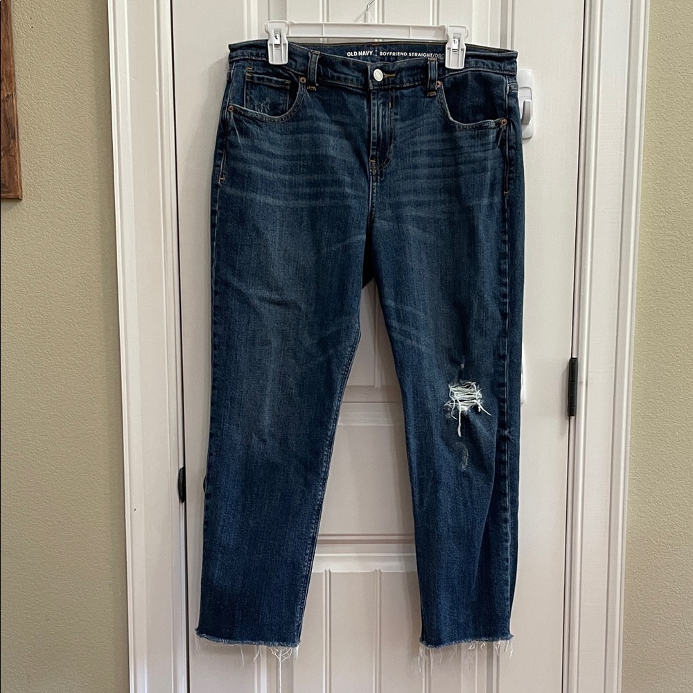 Old Navy Women's Dark Indigo Boyfriend Jeans with Distress